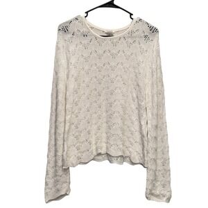 Vintage T.W.H. Size S White Crochet Knit Long Sleeved Top Coastal Beach Bohemian